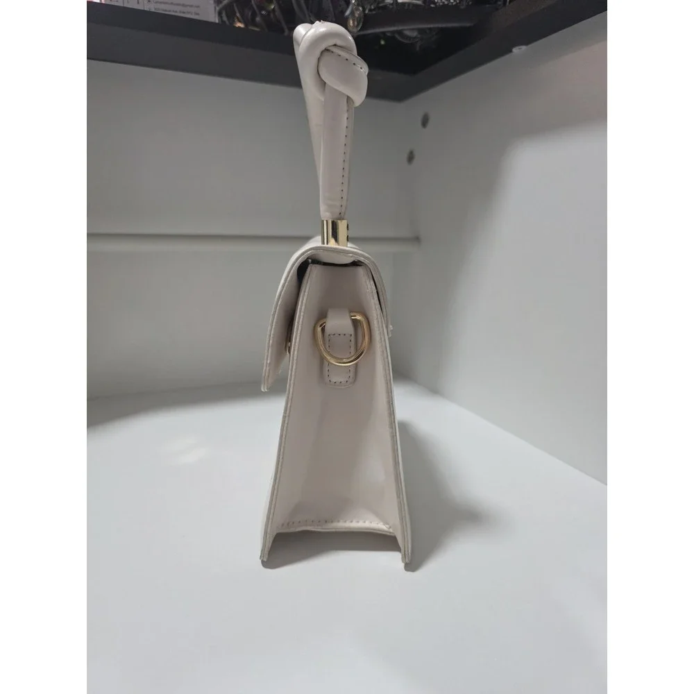 White Structured Top Handle Purse Gold Embroidered Abstract Face Chain Strap Bag